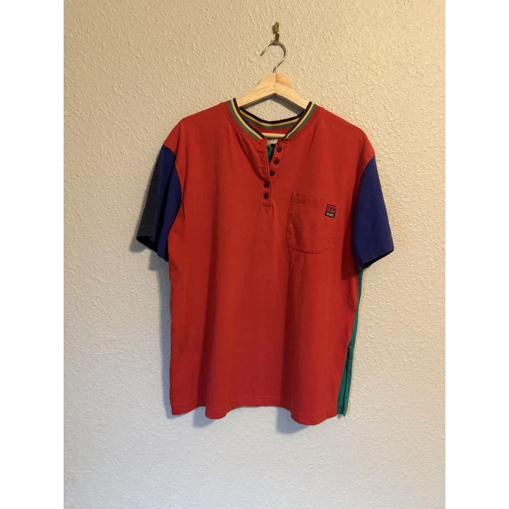 Vtg 80s 90s Color Block Short Sleeve T-Shirt Size L Henley Red, Blue, Aqua